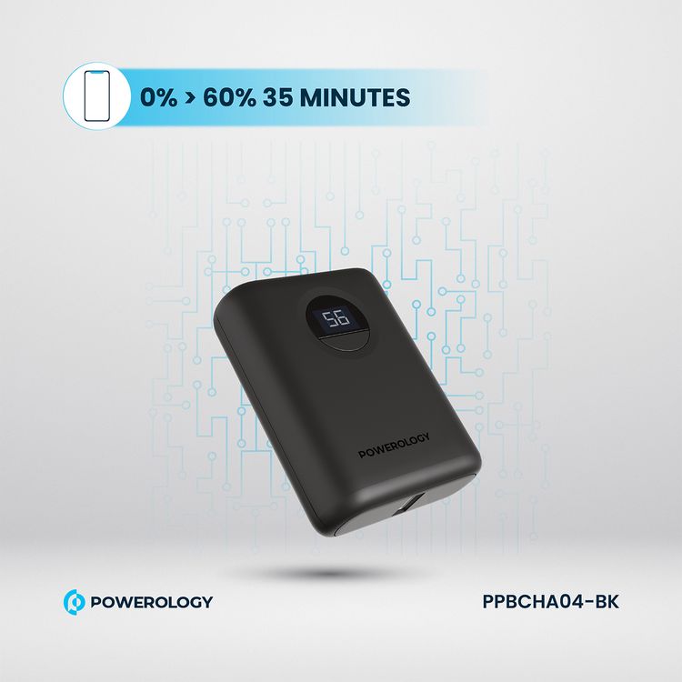 Powerology Ultra-Compact PD 10000mAh Power Bank with Digital Display, 20W Power Delivery, USB-A QC 18W, 0%-60% Charge in 35 Minutes, PowerDash 3.0, Lithium-ion Battery, Lightweight & Compact - Black