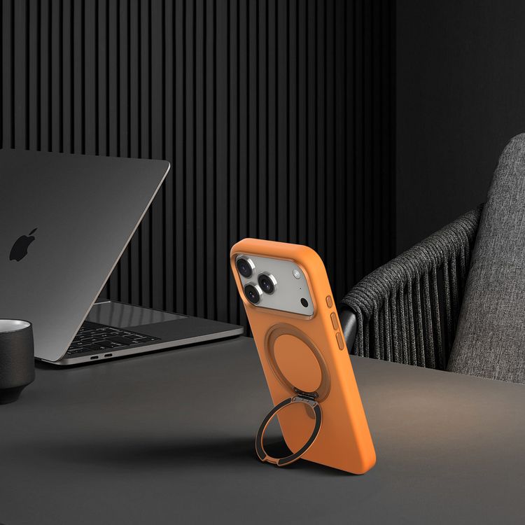 Levelo Iris Pro MagSafe Liquid Silicone Case with Built-in 360° Kickstand for iPhone 17 Pro Max, Metal Accents, Shock-Resistant Bumper, Aluminum Alloy Frame for Camera & Buttons, Drop-Tested, Strong Magnets, Premium Silicone Grip - Orange