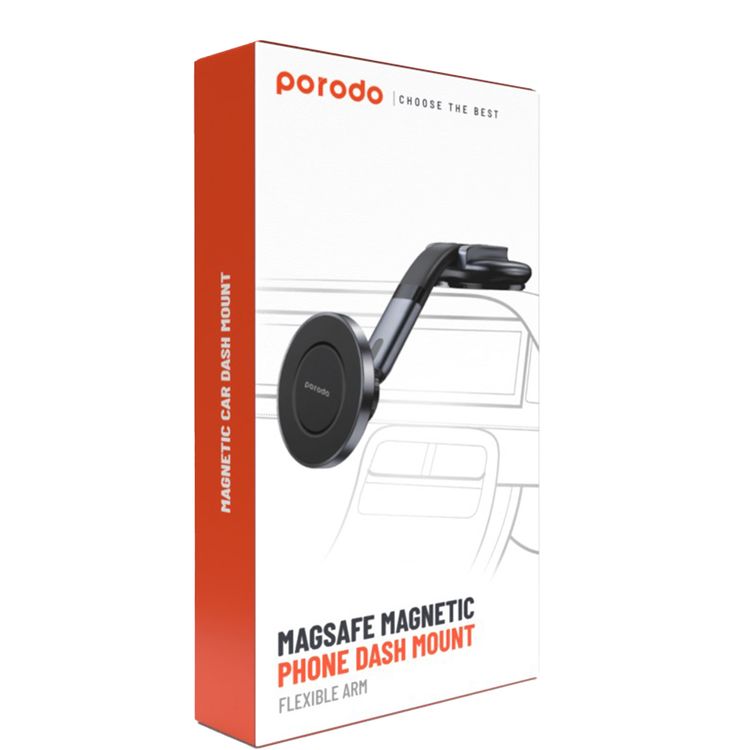 Porodo MagSafe Magnetic Phone Dash Mount Flexible Arm with 360° Rotation, Strong Suction Cup Base, Powerful Magnetic Hold, Metal Ring, Adjustable and Stretchable Design - Black