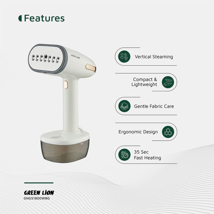 Green Lion Garment Steamer with 1800W Rated Power, 350mL Water Tank Capacity, 32g/min Steam Output, 65.56-110°C Temperature Range, Vertical, Flat, Inclined Steaming, 35 Seconds Fast Heating Time, 20 Minutes Continuous Steam Time, Gentle Fabric Care, Automatic Shut Down, Detachable Water Tank - Beige