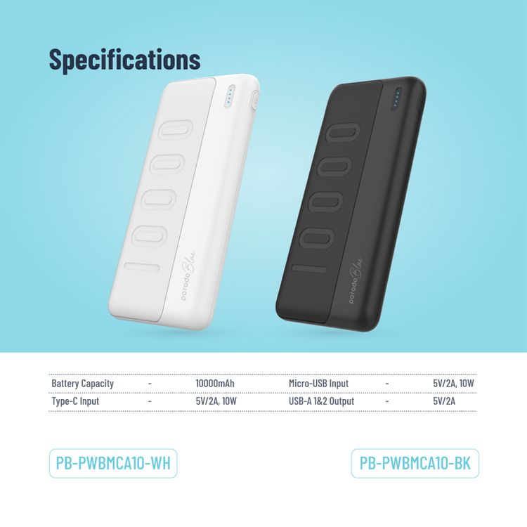 Porodo Blue 10000mAh Slim Power Bank with Dual USB-A Output, Lightweight & Compact Design, Type-C Input, LED Indicator - Black
