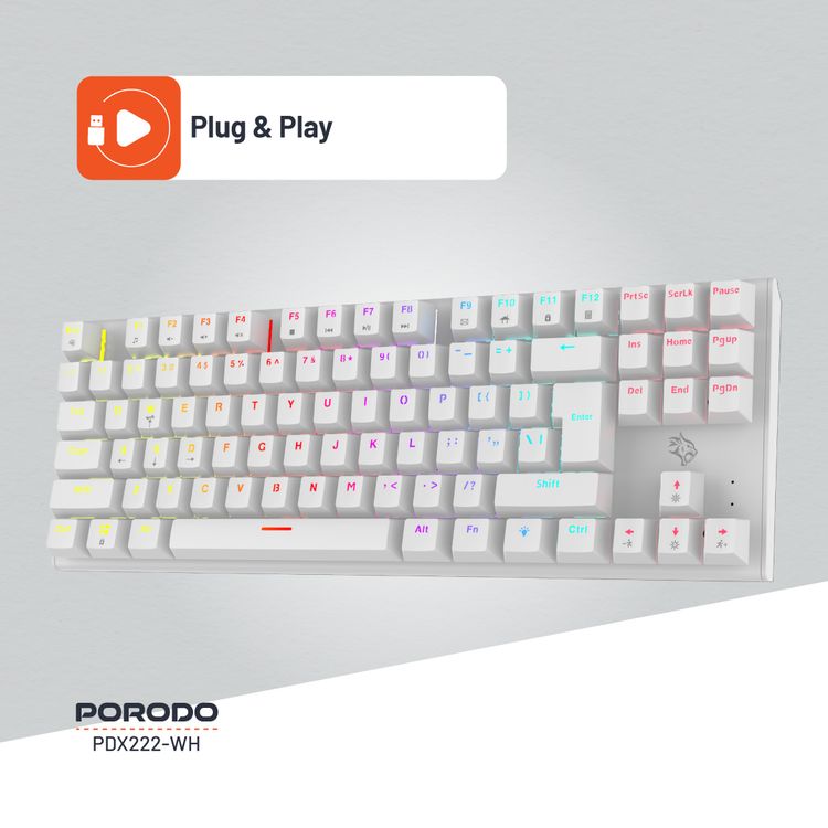 لوحة مفاتيح ميكانيكية من Porodo للألعاب TKL مع 12 وضعًا لإضاءة RGB، و25 مفتاحًا مضادًا للظلال، وعمر افتراضي يصل إلى 50 مليون نقرة، وكابل PVC بطول 1.5 متر، والتوصيل والتشغيل، ومفاتيح باللغة الإنجليزية والعربية - أبيض