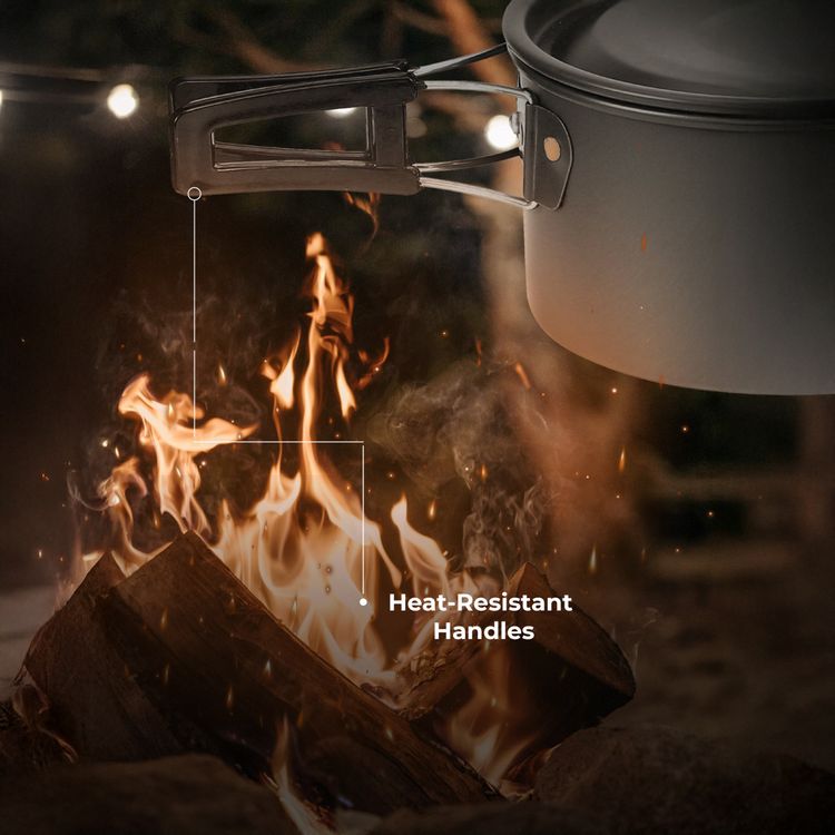 Green Lion 10-in-1 Camping Cookware with Camping Stove, Foldable Soup Spoon, Wooden Shovel, Small Bowl, Foldable Knife, Heat-Resistant Handles - Black