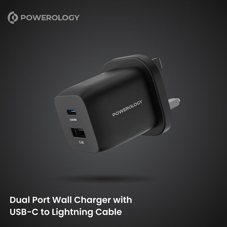 Powerology Ultra-Quick 32W GaN Charger with Type-C to Lightning Cable, 1.2m Cable Length, 20W USB-C Output, Built-in Safeguards, 0%-60% Charge in 35 Minutes - Black