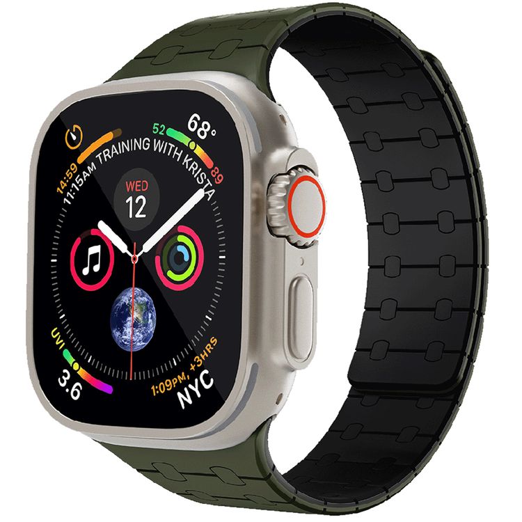 سوار سيليكون Levelo Royallink مزدوج اللون لساعة Apple مقاس 49/46 ملم، مصنوع من مادة مضادة للحساسية، يحتوي على 32 مغناطيس مدمج، مقاوم للماء والعرق، نظام تثبيت مغناطيسي قوي، سهل التركيب - أخضر / أسود.