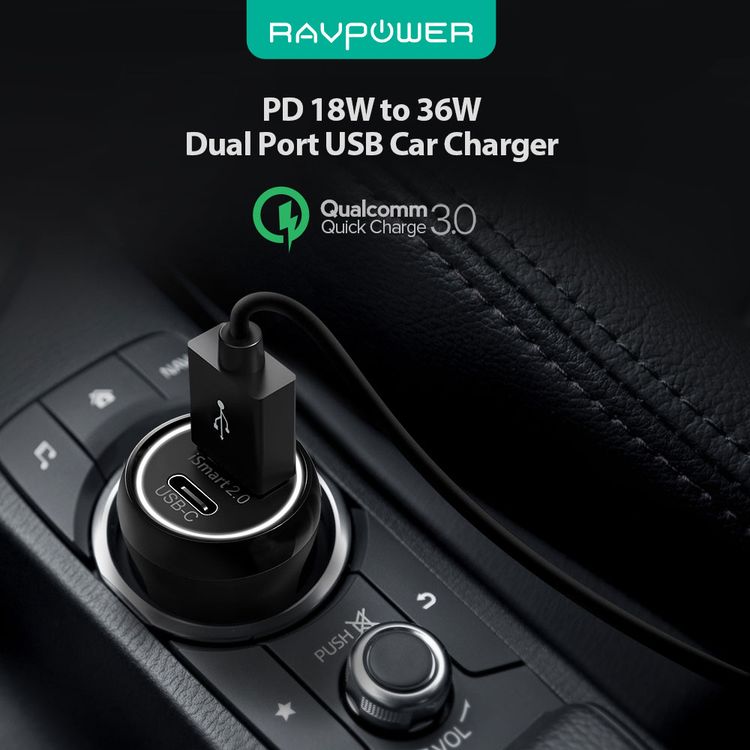 RAVPower Dual Ports USB Car Charger 36W with Type-C Port 18W Quick Charge 3.0, LED Indicator,  Fast and Safe Charging, Compact & Portable Design Car Power Adapter