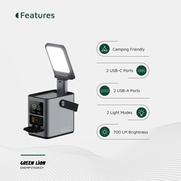 Green Lion Energy Max 60000mAh Power Station with 230W Total Output, Brightness of 700 Lumens, PD 140W, Digital Display, 100W Solar Input, QC 22.5W - Gray