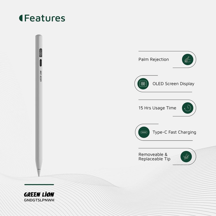 Green Lion Digital Stylus Pencil with Up to 15 Hours Working Time, Removeable & Replaceable Tip, 1.7mm Nib Diameter, OLED Screen Display, Auto-Sleep Mode, Palm Rejection - White