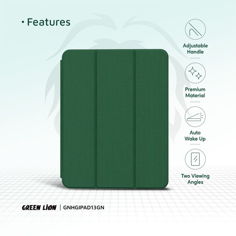 Green Lion Hogo Premium Case with Pencil Holder for iPad Pro 13", Auto Wake, Ultra Slim Fit, Stable Tri-Fold Stand, Built-in Pencil Holder, Magnetic Smart Cover, Auto Sleep/Wake - Green