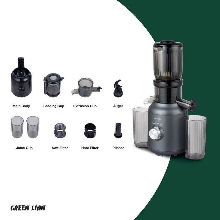 Green Lion Slow Juicer Pure Copper Motor with 250W Power, Up to 30 Minutes Operating Time, One-Button Operation, Automatic Separation of Slag & Juice, 103 mm Diameter - Black