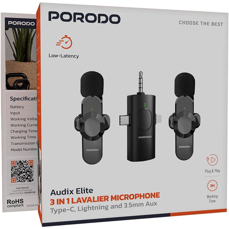 Porodo Lifestyle Audix Elite 3-in-1 Lavalier Microphone Set with USB-C, Lightning & 3.5mm AUX Connectors, Up to 3 Hours Working Time, Crystal Clear Audio, 100mAh Reciever & 40mAh Microphone Battery, Low Latency, Auto Pairing Technology, Instant Wireless Setup - Black