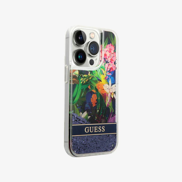 Guess HC Liquid Glitter Case with Flower Pattern  - Blue - iPhone 15 Pro