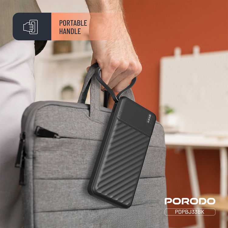 Porodo Piano 10000mAh Power Bank with Flashlight, Portable Handle, Phone Stand, 4 Integrated Cables, USB-A & USB-C & Micro Ports, Fast Charge Support, Universal Compatibility - Black
