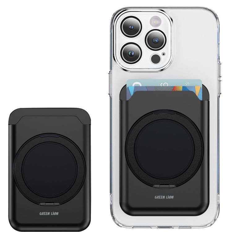 Green Lion W4-MagSafe Wallet with Card Holder, PC Plastic & Metal Material, Adjustable 40-180° Kickstand Angle, Quick Attach & Detach, RFID Protection, Slim Design & Easy Access - Black