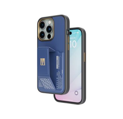 Levelo Morphix Cuero Gripstand Case for iPhone 15 Pro with Cardholder, Multi-Positioning Modes, PU Leather Material, Shock-Proof Edges - Blue