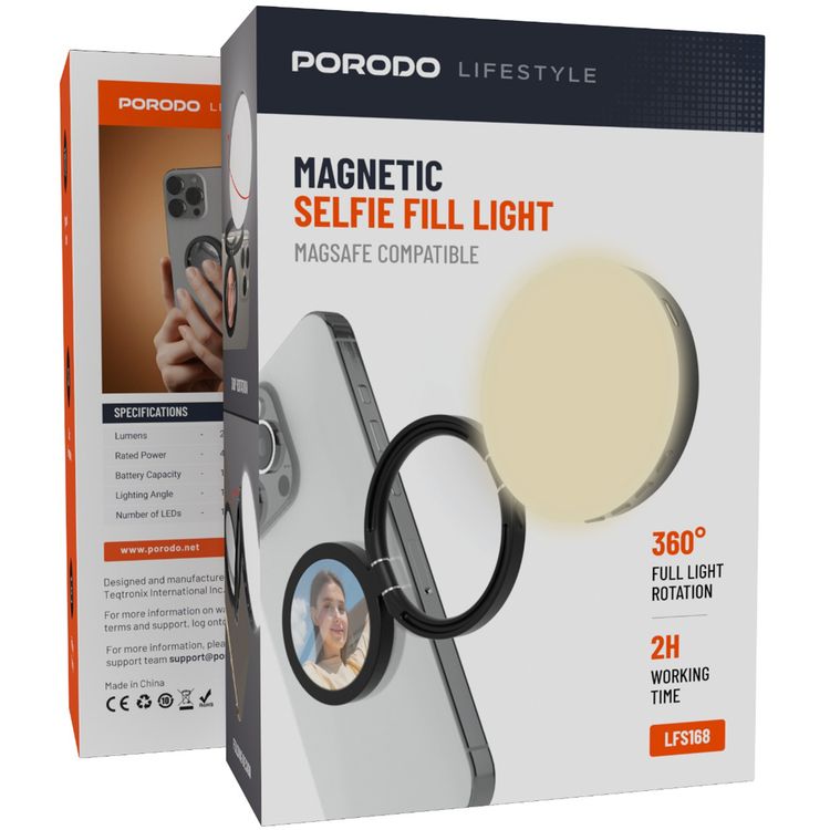 Porodo Lifestyle Magnetic Selfie Fill Light with 3 Color Temperatures, Brightness of 280 Lumens, 2 Hours Working Time, 120° Lighting Angle, MagSafe Compatibility, 360° Rotation - Black