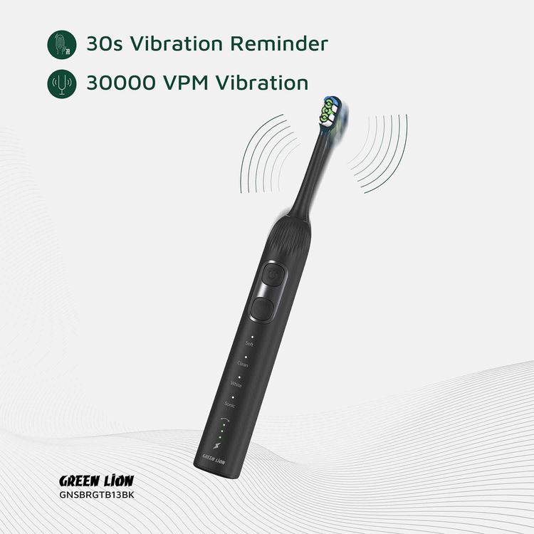 Green Lion Smart Brush 60° Ultrawide with Multifunctional Servo Motor, 2 Minutes Smart Timing, Up to 80 Uses Possible Per Each Charge, Soft Silicone Support, Travel Case Included, 60° Rotation, 30 Seconds Vibration Reminder - Black