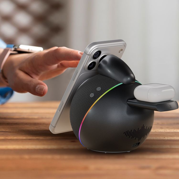 Levelo Aira 2-in-1 Wireless Charger with Built-in 10W Speaker, Shock-Absorbing Bottom Pad, Dual-Frequency Bionic Cavity, Ambient Glow Light, Qi2.2 Technology, Integrated Sound, N52 Strong Magnets, 10m Transmittance Distance, Compact Sphere Design, Impressive Sound - Black