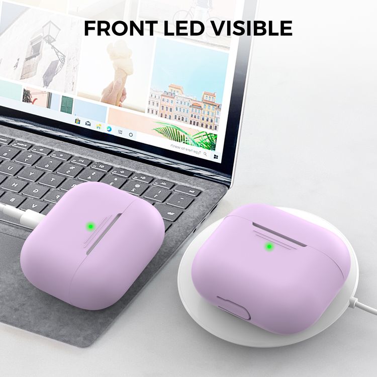 AhaStyle PT176-LR Full Cover Silicone Case for Airpods 3 Drop Shock Protection, Front LED Visible Cover with Carabiner Suitable with Wireless Chargers - Lavender