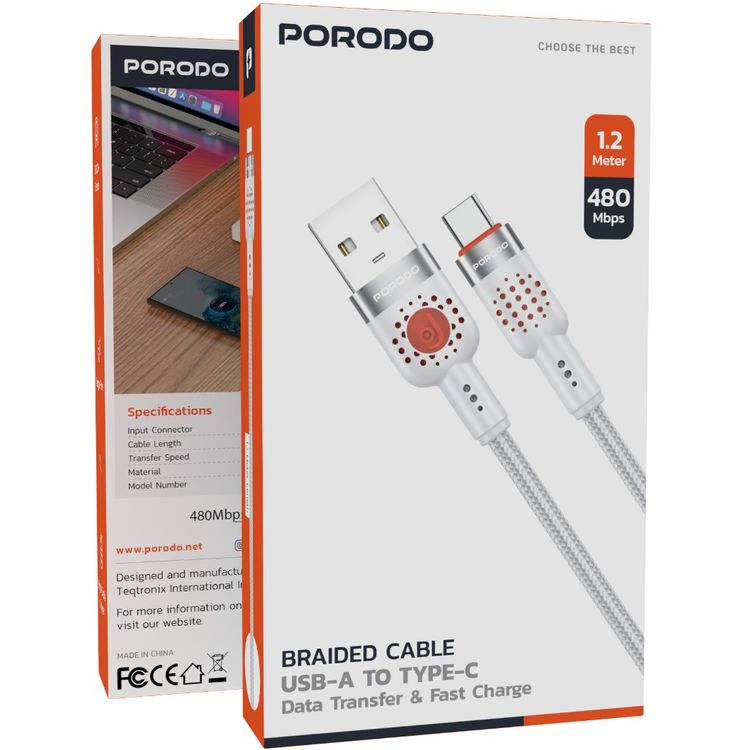 كابل بورودو مضفر من USB-A إلى Type-C بسرعة نقل 480 ميجابت في الثانية، بطول 1.2 متر، عمر افتراضي لأكثر من 15,000 انحناء، تصميم مقاوم للتشابك - أبيض