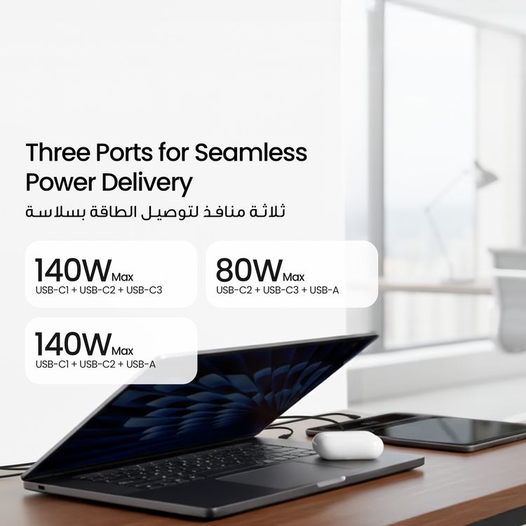 Powerology Voltflow GaN Wall Charger with PD 140W, Single USB-A & Triple USB-C Ports, Ai Temperature Control, Fast Charge Support, Multiple Device Compatibility, TFT Smart Display Interface - Black