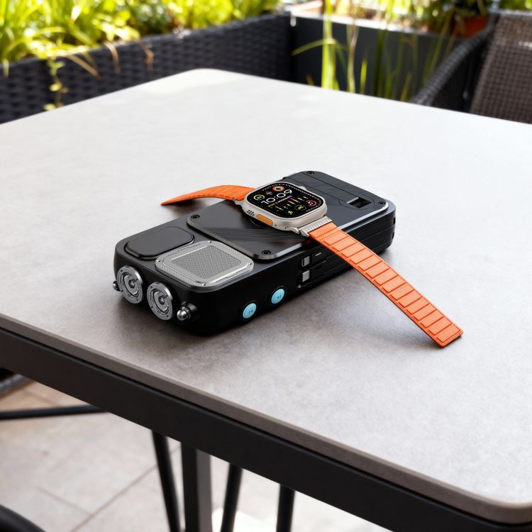 Powerology 16000mAh Solar Power Bank with FM Radio, Speaker & Lights, Compact Design, Bluetooth Version 5.3, LED Digital Clock, Integrated Cable - Black