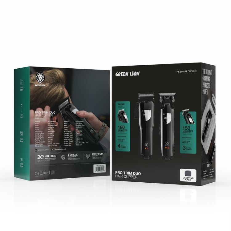 Green Lion Pro Trim Duo Hair Clipper 9-in-1 Package with Carrying Case, Digital Display, Taper Lever, Corded & Cordless - Black