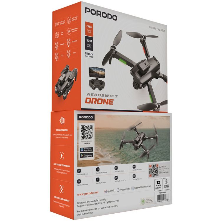 Porodo Aeroswift Drone with 7 Minutes Flying Time, 360° Flip, 7Km/h Max Speed, 50m Height Range, 50m Operational Distance, 6 Axis Gyro Stabilizers, Realtime Transmission, Fast Charge Technology - Black