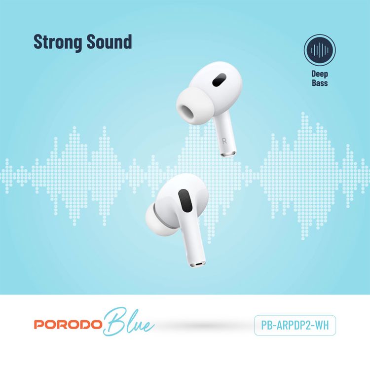Porodo Blue Earbuds Pro 2 With Swipe Volume, 20 Hours Working Time, Wireless Charging, Deep Bass, Independent Earbuds, Touch Control -  White