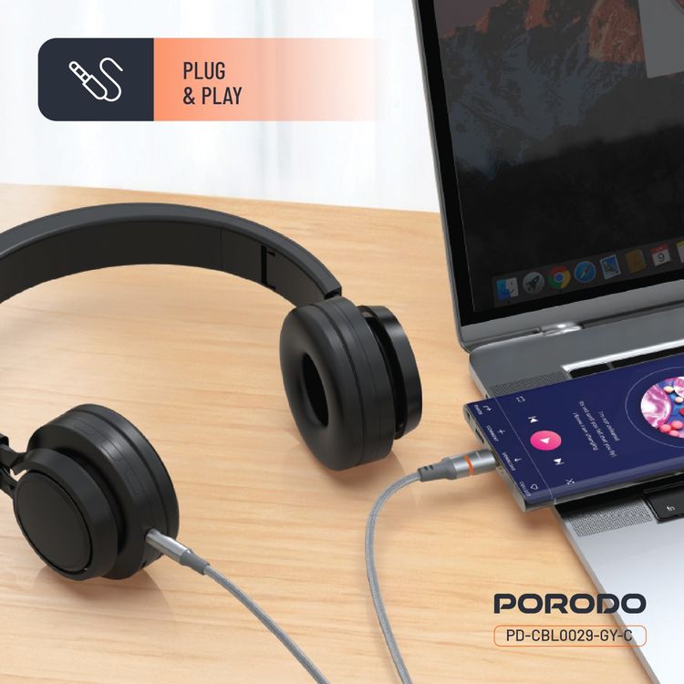 Porodo AUX to USB-C Cable with LED Light, 1.2m Cable Length, Universal Compatibility, Braided Cable Type, Tangle-Free Design - Gray