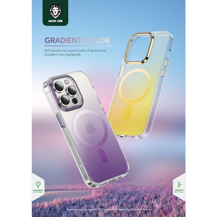 جراب Green Lion Rainbow MagSafe لهاتف iPhone 14 Plus، شاحن لاسلكي، مادة سيليكون عالية الجودة، مضاد للخدش والسقوط، تصميم نحيف، حماية للكاميرا، أزرار منفصلة، ​​عملية IMD - ذهبي