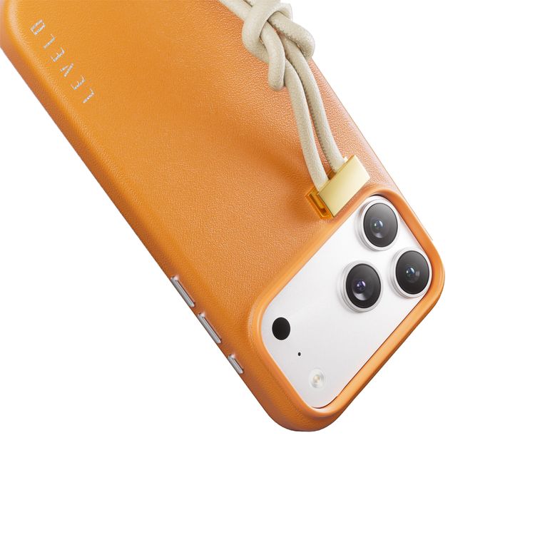 Levelo Polaris PU Leather Case with Wrist-Strap Grip for iPhone 17 Pro, Microfiber Inner Lining, Raised Bezels for Camera & Screen, Shock-Resistant Bumper, Drop-Tested - Orange