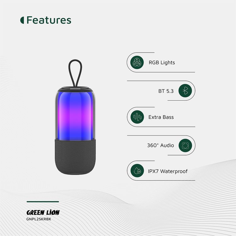 Green Lion Palma 2 RGB Portable Speaker with True Wireless Stereo Function, 360° Audio, IPX7 Waterproof, 6 Hours Playtime, Extra Bass - Black