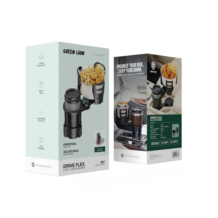 Green Lion Drive Flex 2-in-1 Cup Holder with 360° Free Rotation, Universal Car Fit, Adjustable Side Arms, Durable Construction, Easy to Clean, Expandable Food Tray, Easy Installation, 1kg Maximum Load Capacity - Black