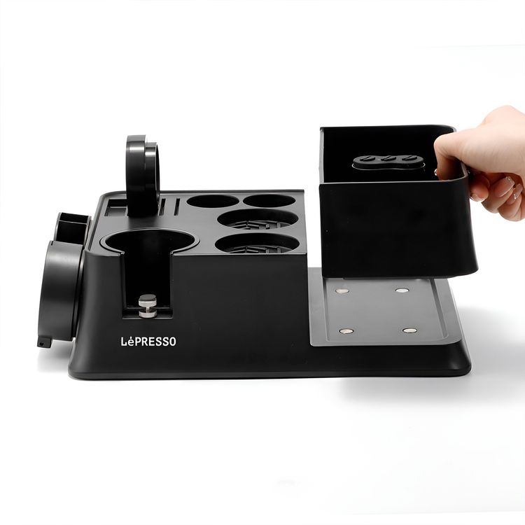 LePresso Tamping Station for 51/58 Portafilter Baskets, ABS Plastic & Silicone Material, Multi-Slot Base, Durable & Compact Design - Black