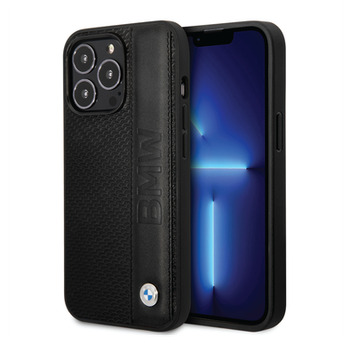 BMW Signature Collection Genuine Leather Case with Textured & Big Logo Stripe iPhone 14 Pro Compatibility - Black