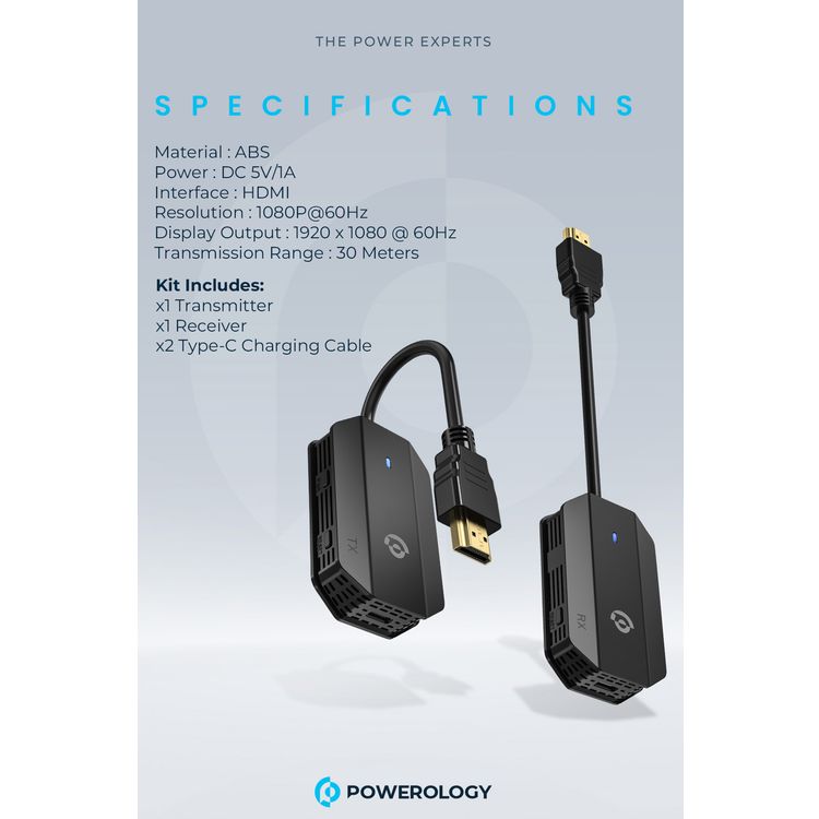 Powerology Wireless HDMI to HDMI Adapter for Audio & Video with 30m Transmission Range, ABS Material, 1080P Resolution, Low Latency, Plug and Play - Black