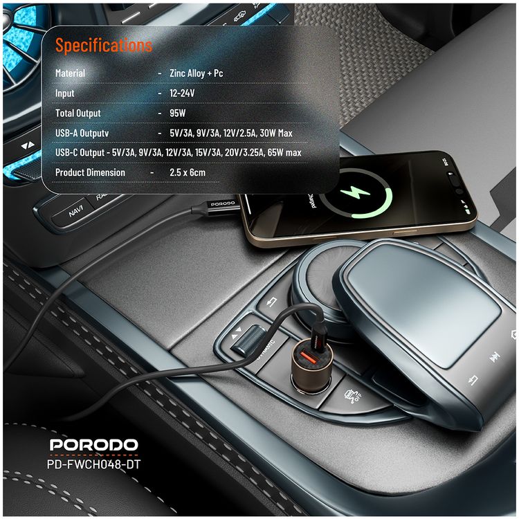Porodo 95W Car Charger Transparent Multi-Device PD Charging, Simultaneous Fast Charging, Universal Compatibility - Desert Titanium