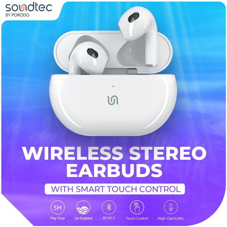 Porodo Soundtec Sense True Wireless Stereo Earbuds with High-Clarity Microphone, Siri Enabled, Perfect Fit, Touch Control, Patented Design, Compact and Lightweight - White