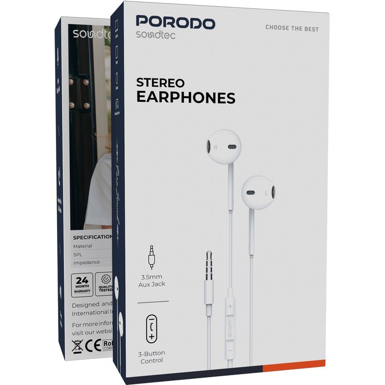 سماعات الأذن Porodo Soundtec ستيريو مع اتصال AUX 3.5 ملم، ميكروفون عالي الوضوح، تحكم بثلاثة أزرار، للإجابة وإنهاء المكالمات - أبيض