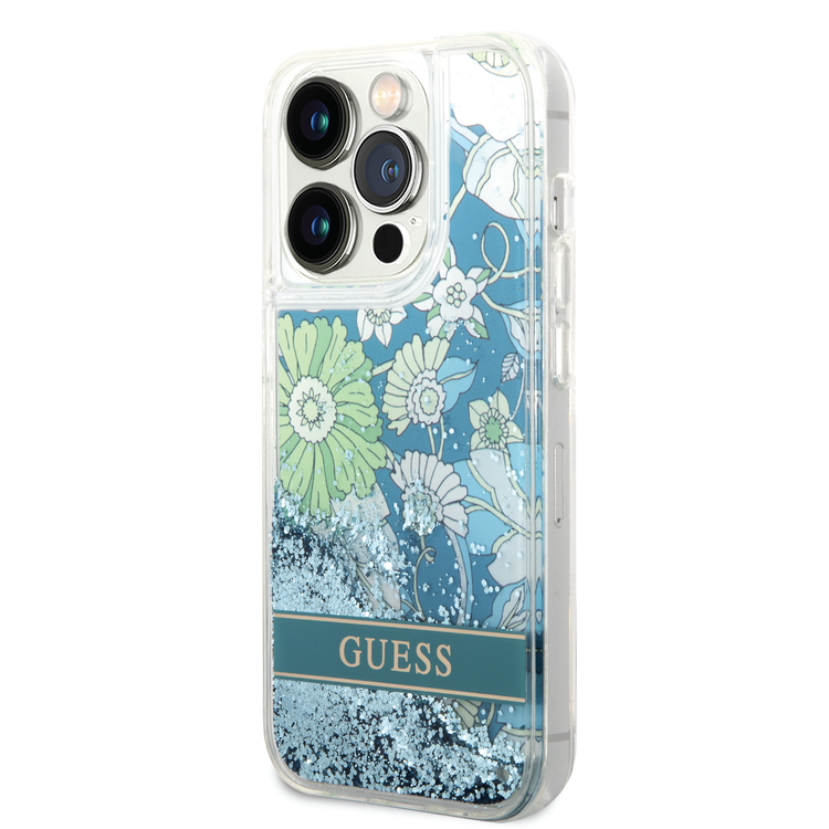 Guess Liquid Glitter Case with Flower Pattern Extra Shine Smooth Touch Feel iPhone 14 Pro Compatibility - Green