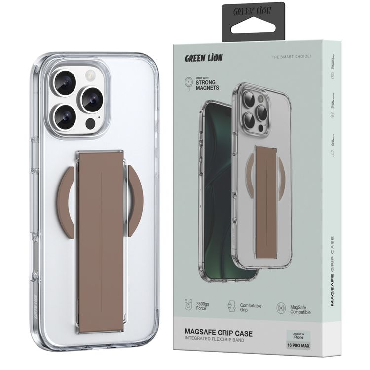 كفر حماية Green Lion MagSafe Grip لهاتف iPhone 16 Pro Max، شفاف مقاوم للاصفرار، حماية من الدرجة العسكرية، قبضة مريحة - ذهبي نحاسي 