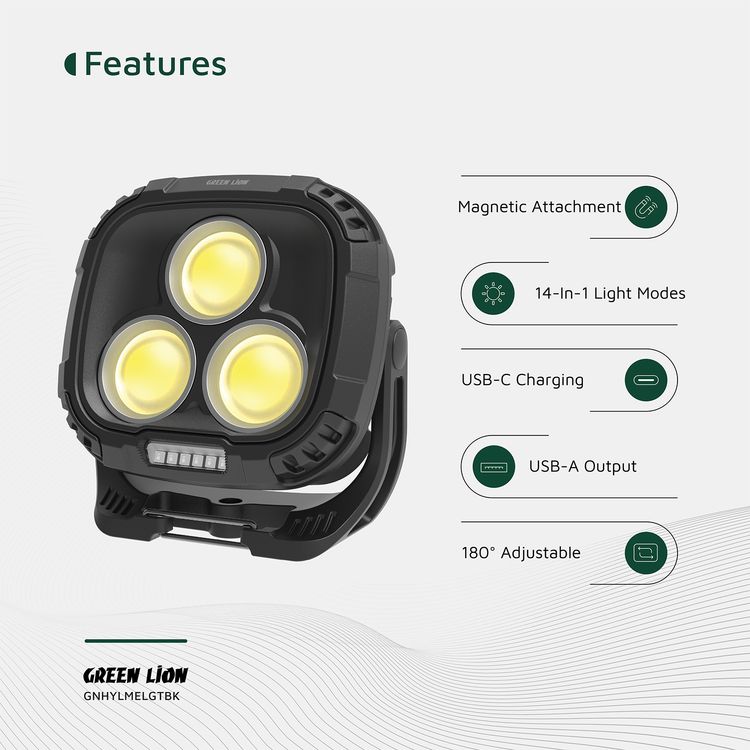 Green Lion Hyper Lume Working Light with 5400mAh Power Bank, 180° Adjustable, Magnetic Attachment, 1000lm Brightness, Battery Indicator, USB-C Charging - Black 