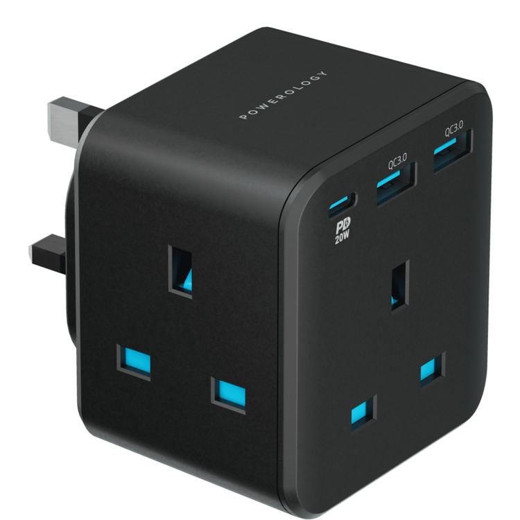 مقبس جداري باورولوجي بثلاثة مخارج مع شحن سريع USB - أسود