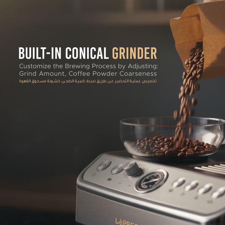 LePresso Dual Boiler Espresso Machine with Conical Grinder & Steamer Functions, 2.8L Water Tank Capacity, 2300W Heating Power, Hot Water Dispenser - Silver