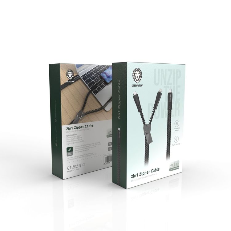 كابل جرين ليون 2 في 1 بسحاب من النوع C إلى Lightning/Type-C (85 سم) - أسود