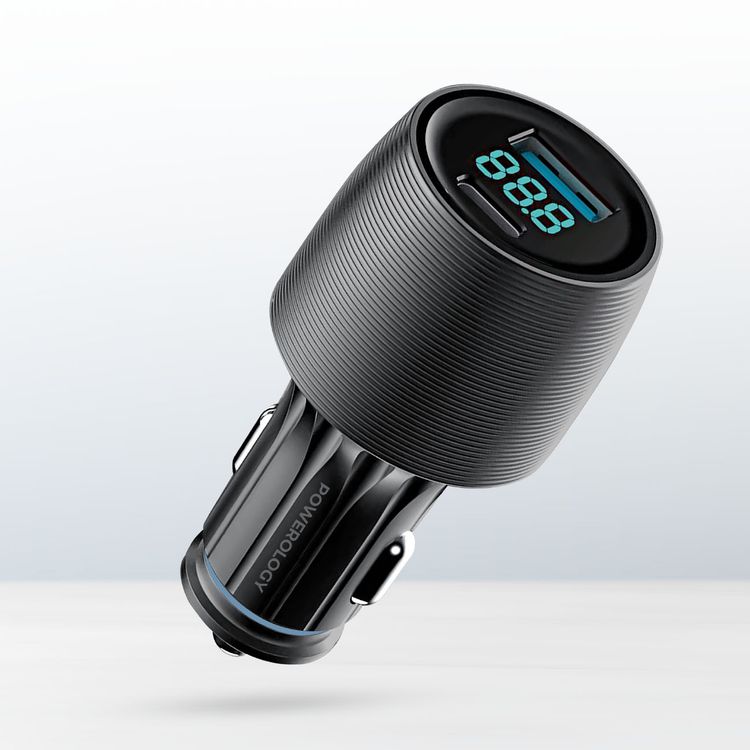 Powerology Velox 83W Dual-Port Car Charger with USB-C to USB-C Cable, Ultra-Fast Charging, 83W Total Output, Powerful Laptop Charging, Multi-Protection Safety System - Black