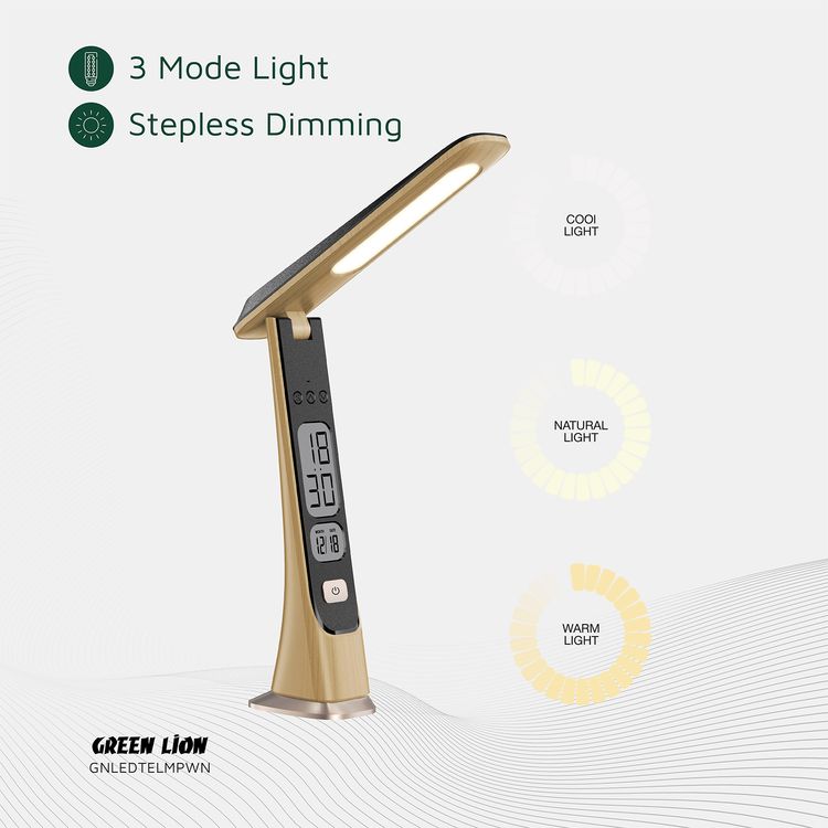 Green Lion LED Table Lamp with ABS Material, 1800mAh Battery Capacity, Cold-Natural-Warm Light Modes, 3.5 Hours Working Time, Adjustable Brightness & Angle, Digital Time & Date - Wooden