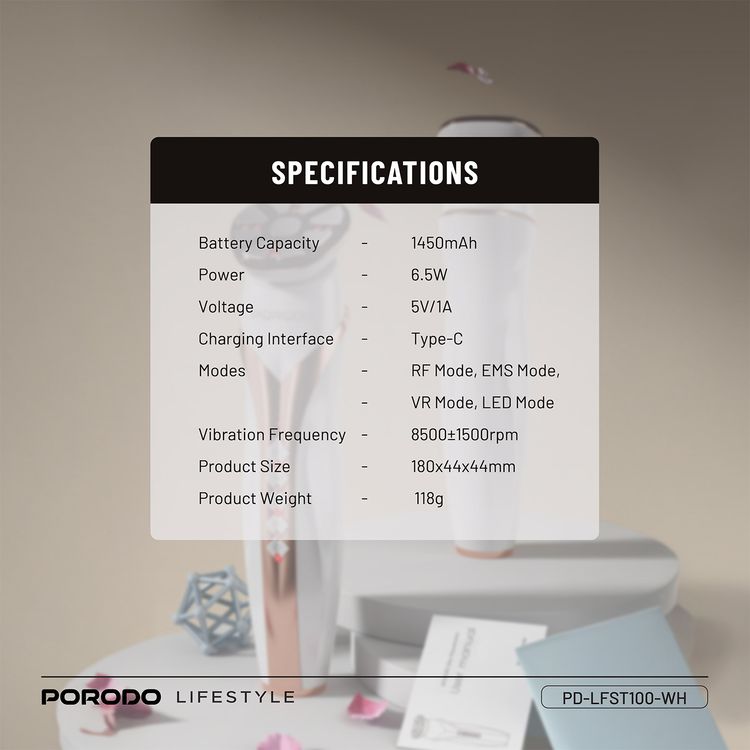 Porodo Lifestyle Vibration Light Therapy Device with EMS Micro-Stimulation, Strong RF Activation, 1450mAh Battery Capacity, 8.5W Power - White