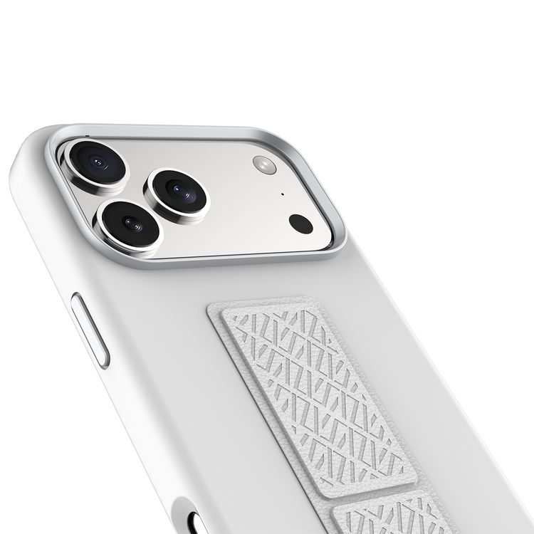 جراب Levelo Morphix Silicone GripStand لجهاز iPhone 17 Pro Max، للعرض بدون استخدام اليدين، بطانة داخلية من الألياف الدقيقة الحقيقية، حامل أفقي وعمودي، مصد مقاوم للصدمات، حواف مرتفعة للكاميرا والشاشة، تصميم نحيف - فضي